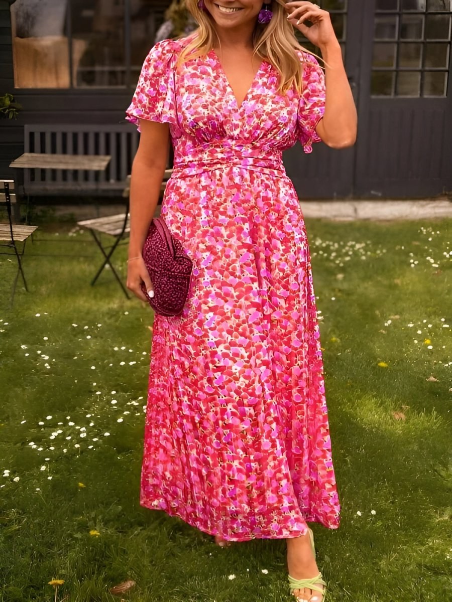 Floral Wrap Maxi Dress with V-Neck and Short Sleeves for Women