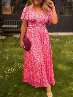Floral Wrap Maxi Dress with V-Neck and Short Sleeves for Women