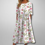 Floral Midi Dress with Three-Quarter Sleeves and Full Skirt for Women