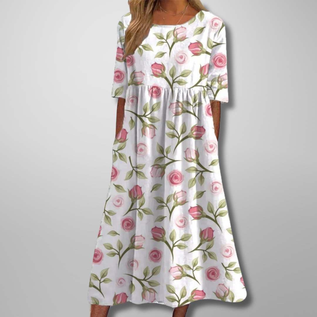 Floral Midi Dress with Three-Quarter Sleeves and Full Skirt for Women