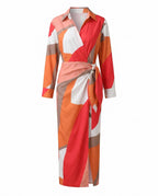 Wrap Maxi Dress with Leaf Print and Three-Quarter Sleeves