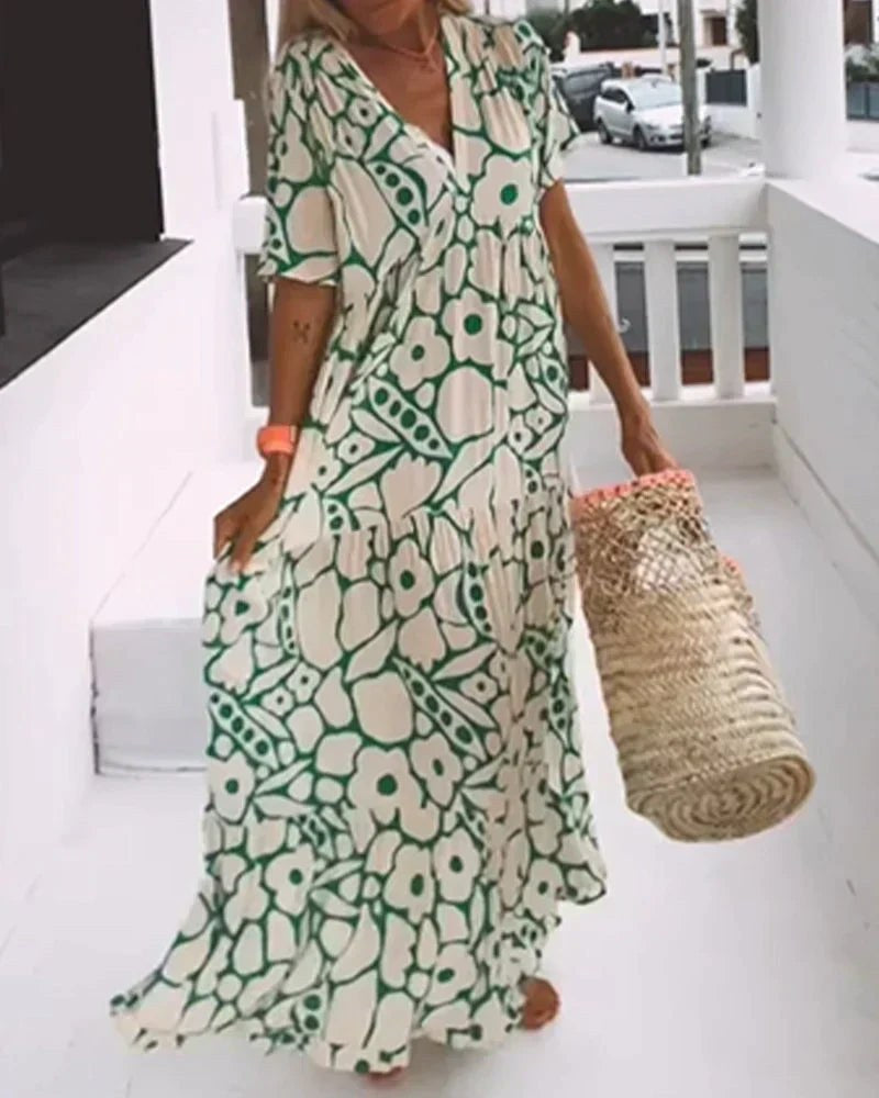 V-Neck Maxi Dress with Two-Tone Abstract Print and Short Sleeves