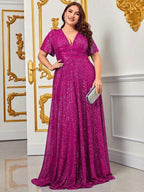 Sequin Maxi Dress with V-Neck and Short Sleeves, Plus-Size Fit