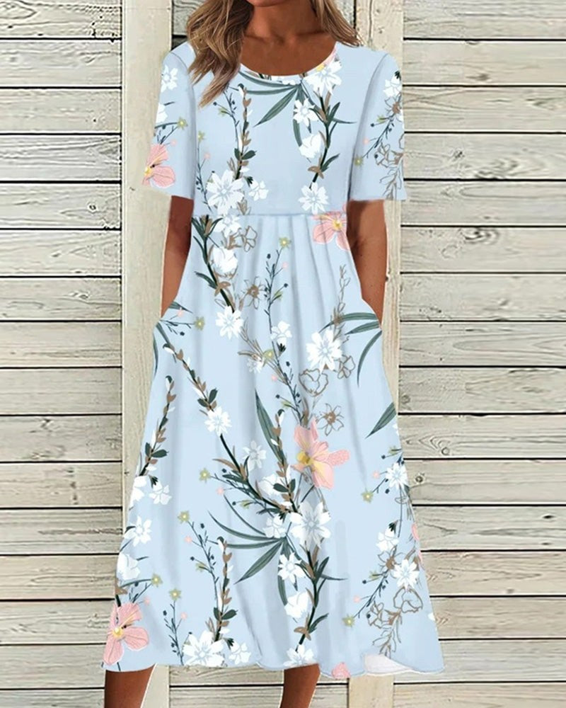 Floral A-Line Midi Dress with Short Sleeves and Gathered Silhouette
