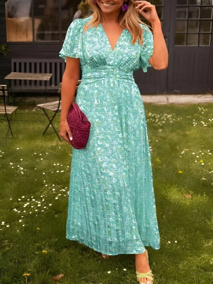 Floral Wrap Maxi Dress with V-Neck and Short Sleeves for Women
