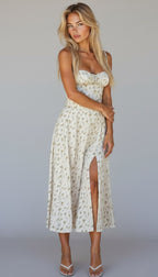 Floral Midi Dress with Sweetheart Neckline, Thin Straps and Side Slit