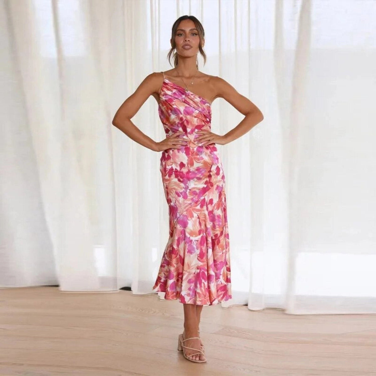 Floral One-Shoulder Draped Asymmetrical Maxi Dress for Women