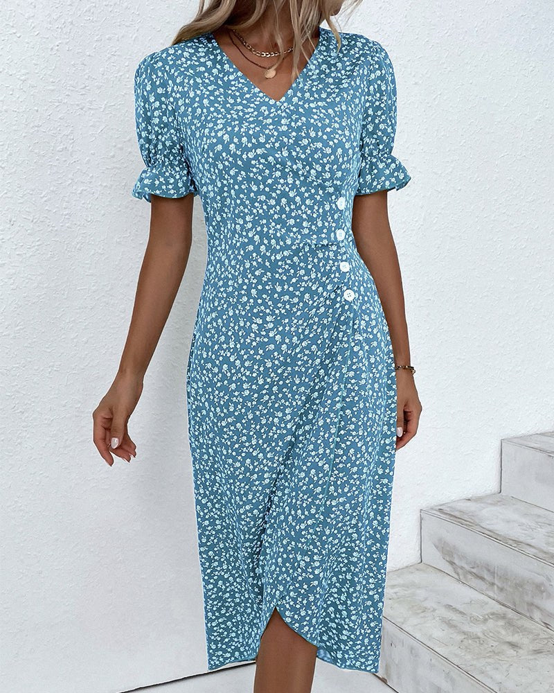 Floral Wrap Midi Dress with V-Neck, Button Front and Asymmetrical Hem