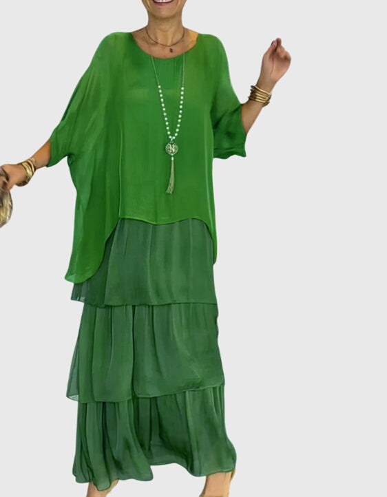Tiered Maxi Dress with Relaxed Tunic Top and Three-Quarter Sleeves