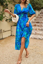 V-Neck Puff Sleeve Midi Dress with Floral Print and Gathered Waist for Women
