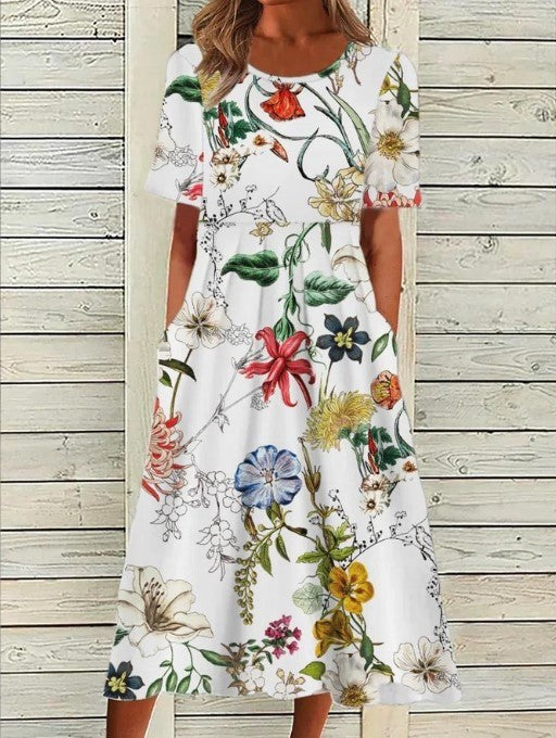 Floral A-Line Midi Dress with Short Sleeves and Gathered Silhouette