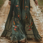 Embroidered Maxi Dress with Deep V-Neck, Long Sleeves and Tie Waist
