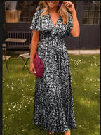 Floral Wrap Maxi Dress with V-Neck and Short Sleeves for Women