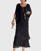 Tiered Maxi Dress with Relaxed Tunic Top and Three-Quarter Sleeves