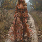 Embroidered Maxi Dress with Deep V-Neck, Long Sleeves and Tie Waist