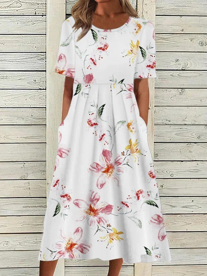 Floral A-Line Midi Dress with Short Sleeves and Gathered Silhouette