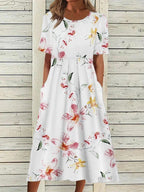 Floral A-Line Midi Dress with Short Sleeves and Gathered Silhouette
