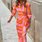 Wrap Maxi Dress with Leaf Print and Three-Quarter Sleeves