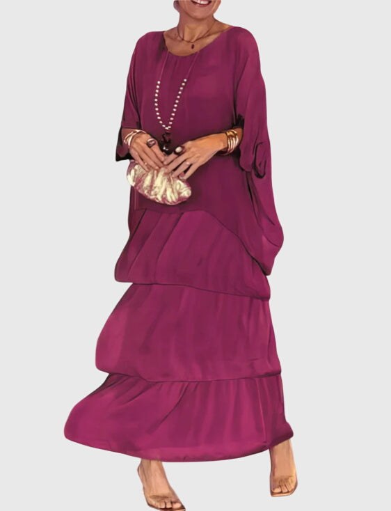 Tiered Maxi Dress with Relaxed Tunic Top and Three-Quarter Sleeves