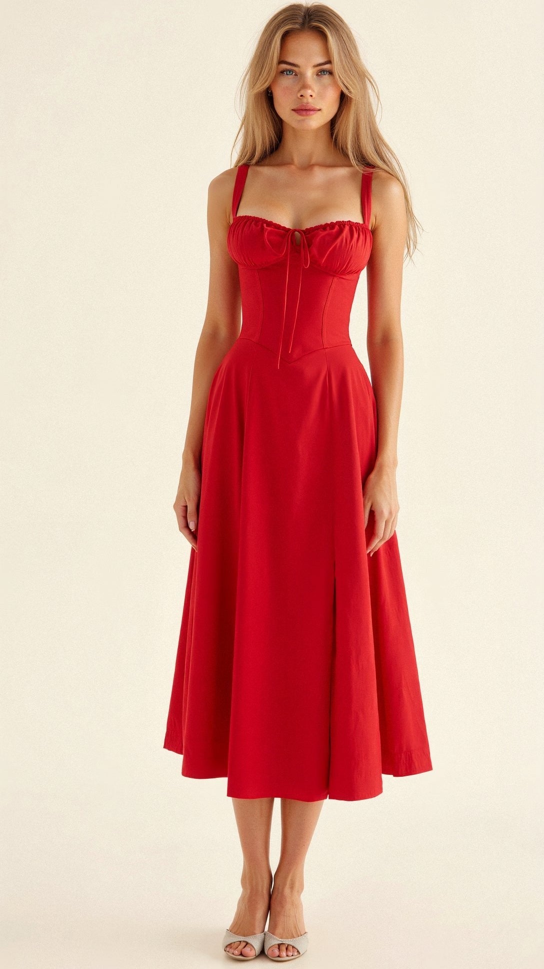 Floral Midi Dress with Sweetheart Neckline, Thin Straps and Side Slit