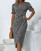Floral Wrap Midi Dress with V-Neck, Button Front and Asymmetrical Hem