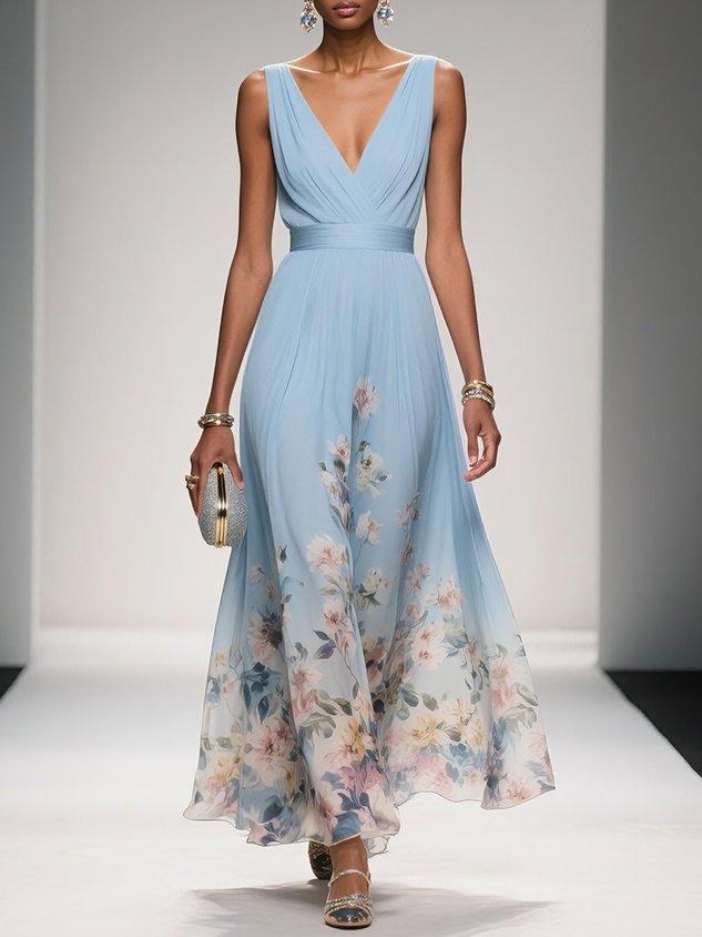 Sleeveless V-Neck Maxi Dress with Fading Floral Print for Women