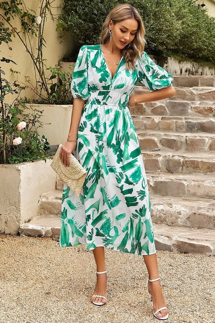 V-Neck Puff Sleeve Midi Dress with Floral Print and Gathered Waist for Women