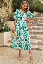 V-Neck Puff Sleeve Midi Dress with Floral Print and Gathered Waist for Women