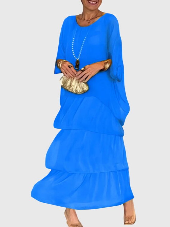 Tiered Maxi Dress with Relaxed Tunic Top and Three-Quarter Sleeves