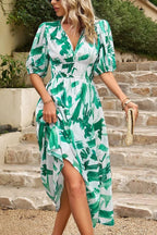 V-Neck Puff Sleeve Midi Dress with Floral Print and Gathered Waist for Women