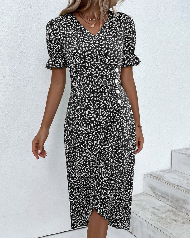 Floral Wrap Midi Dress with V-Neck, Button Front and Asymmetrical Hem