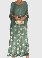 Tiered Maxi Dress with Relaxed Tunic Top and Three-Quarter Sleeves