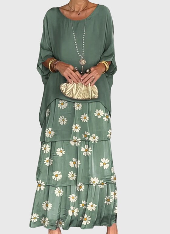 Tiered Maxi Dress with Relaxed Tunic Top and Three-Quarter Sleeves