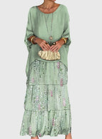 Tiered Maxi Dress with Relaxed Tunic Top and Three-Quarter Sleeves