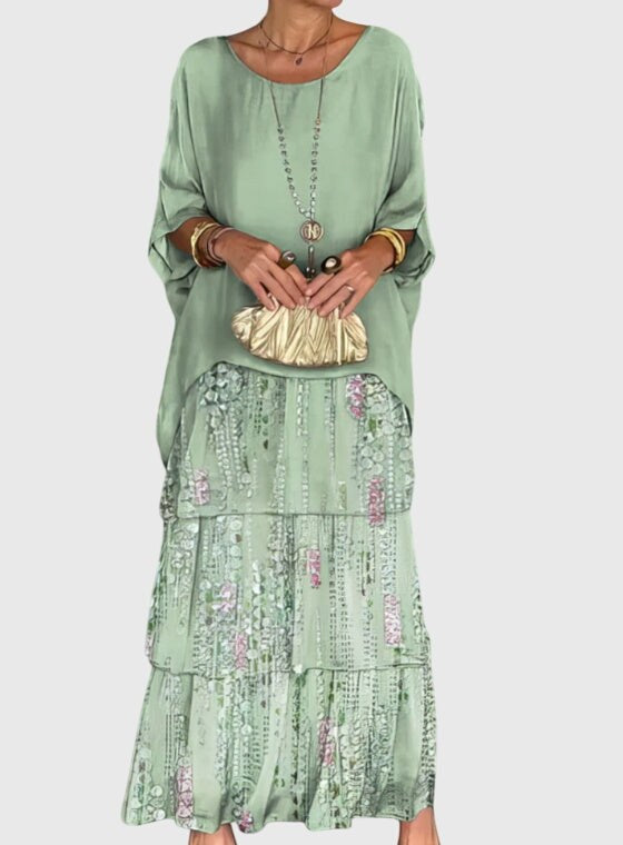 Tiered Maxi Dress with Relaxed Tunic Top and Three-Quarter Sleeves