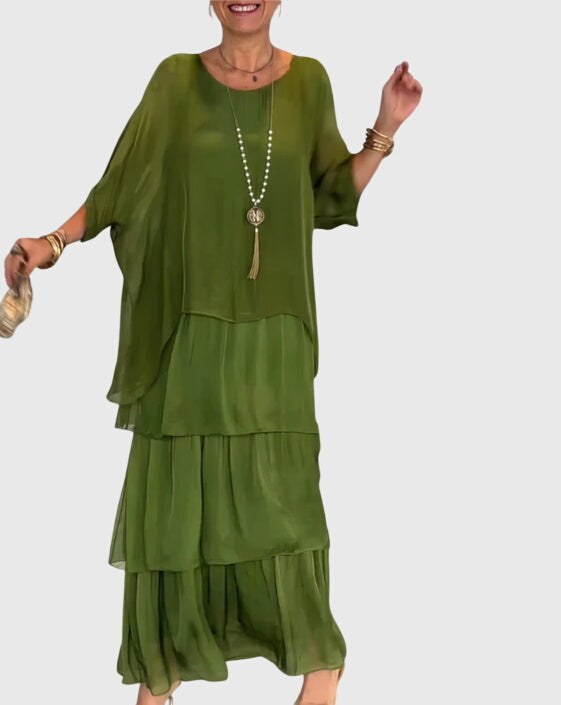 Tiered Maxi Dress with Relaxed Tunic Top and Three-Quarter Sleeves