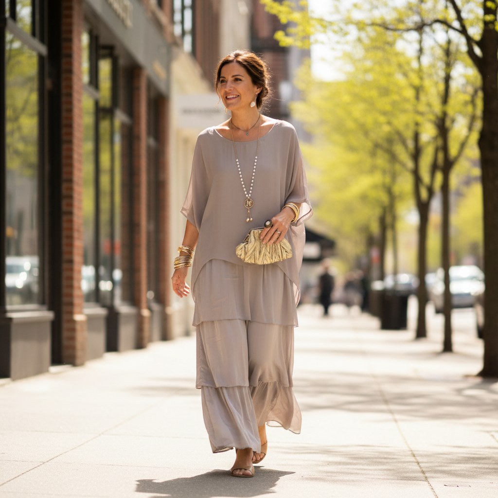 Tiered Maxi Dress with Relaxed Tunic Top and Three-Quarter Sleeves